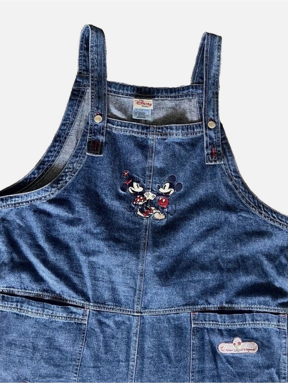 Disney Store Vintage XL Mickey Minnie Embroidered Denim Overall Dress Blue Bow